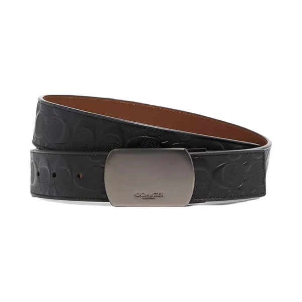 Coach Plaque Buckle Cut-To-Size Reversible Belt, 38 Mm in Gunmetal Black Dark Saddle
