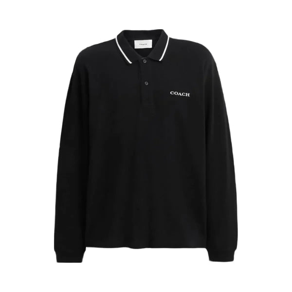 Coach Signature Trim Long Sleeve Polo In Regenerative Cotton Black