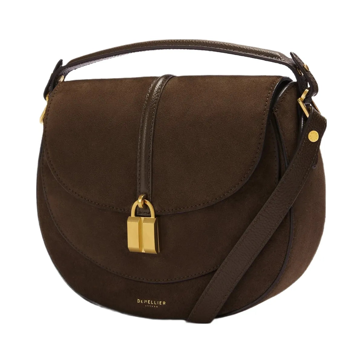 DeMellier The Siena Saddle mocha suede & mocha small grain