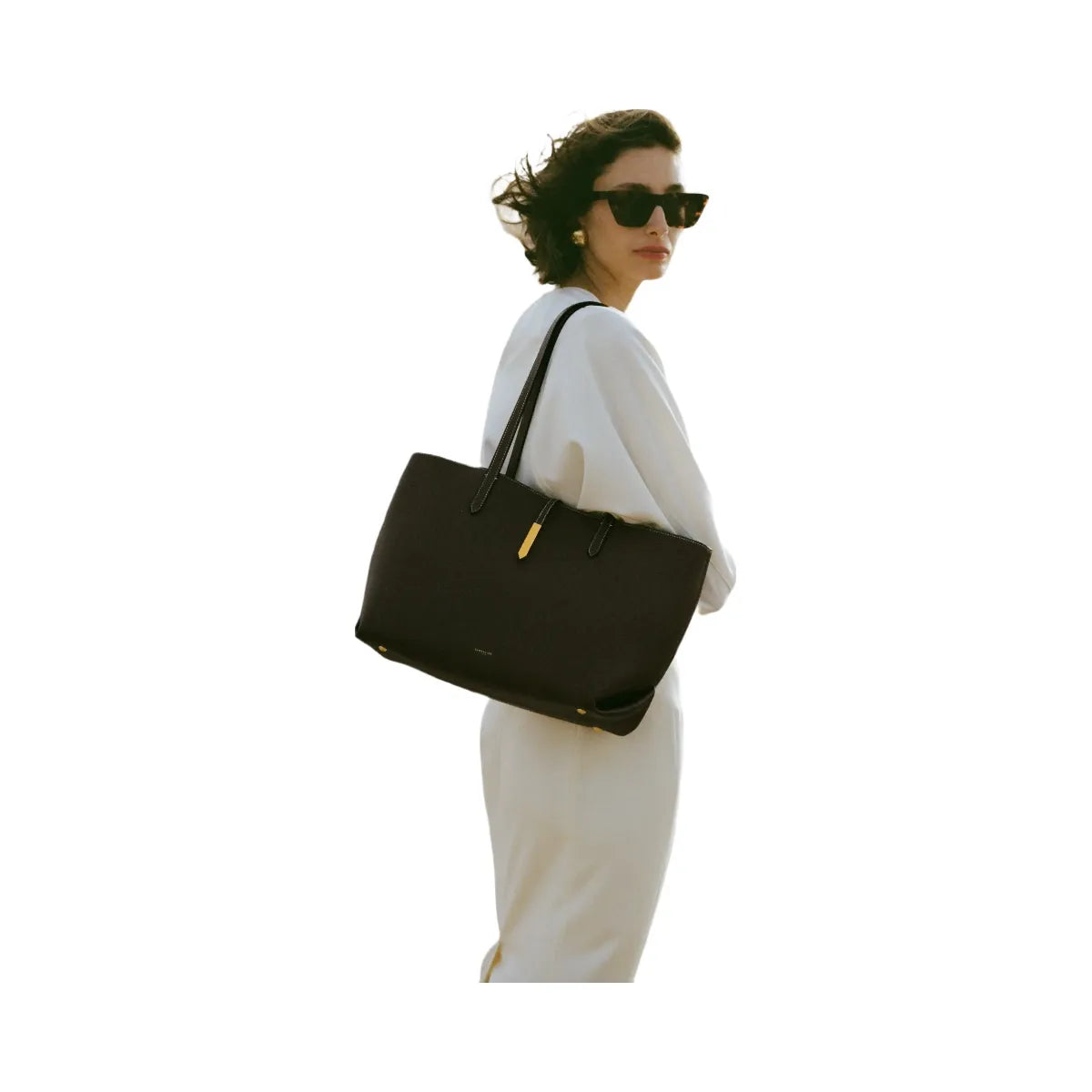 DeMellier The Tokyo Tote black small grain ecru stitching