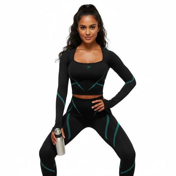 Gymshark Apex Lift Seamless Long Sleeve Crop Top - Black/Brand Blue