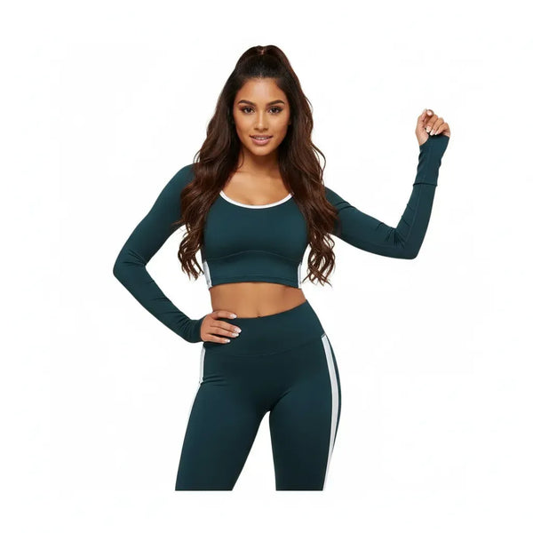 Gymshark Piping Long Sleeve Crop Top - Deep Petrol Blue/Smoke Blue/Soft White