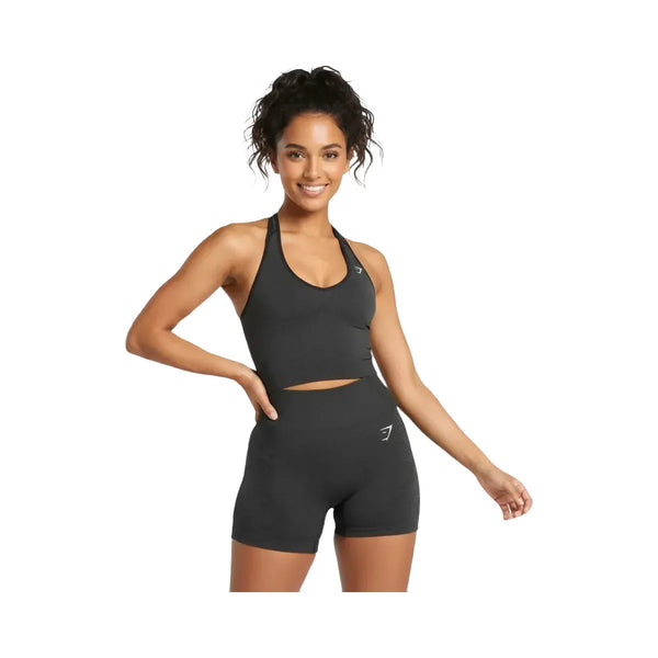 Gymshark Vital Halter Neck Tank With Shelf Crop Top Black Marl