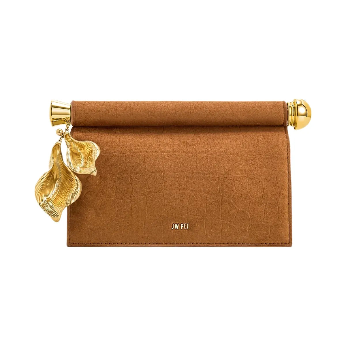 JW PEI Holly Faux Suede Metal Pendant Embellished Clutch Brown