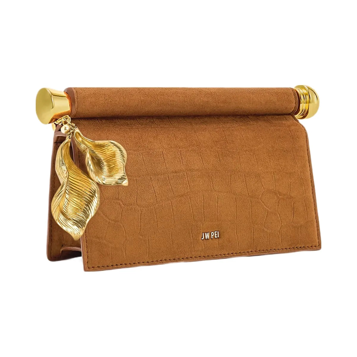 JW PEI Holly Faux Suede Metal Pendant Embellished Clutch Brown