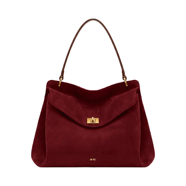 JW PEI Lucia Turn Lock Faux Suede Shoulder Bag Dark Red