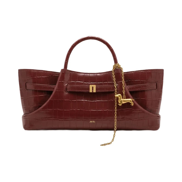 JW PEI Maeve Dachshund Metal Charm Tote Bag Burgundy Croc