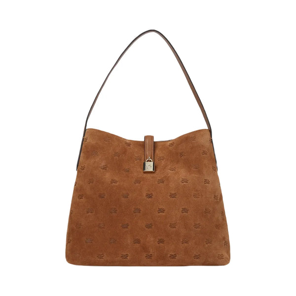 Karl Lagerfeld Autograph Padlock Suede Hobo Bag Dark Tan