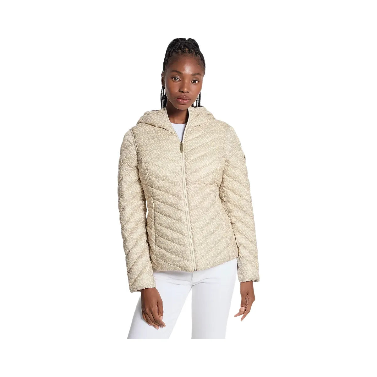 Michael Kors Chevron Logo Print Quilted Nylon Reversible Jacket Taupe/Bone Logo
