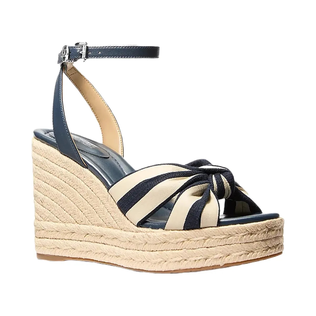 Michael Kors Elena Striped Linen Blend Wedge Sandal Navy