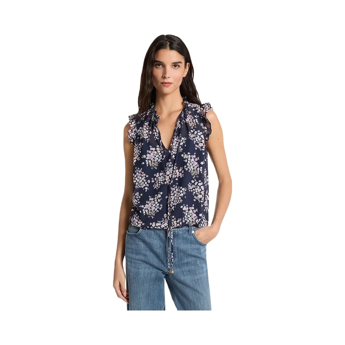 Michael Kors Floral Print Georgette Tie-Neck Blouse Carnation