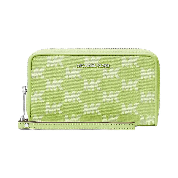 Michael Kors Jet Set Travel Large Logo Jacquard Denim Smartphone Wristlet Lime