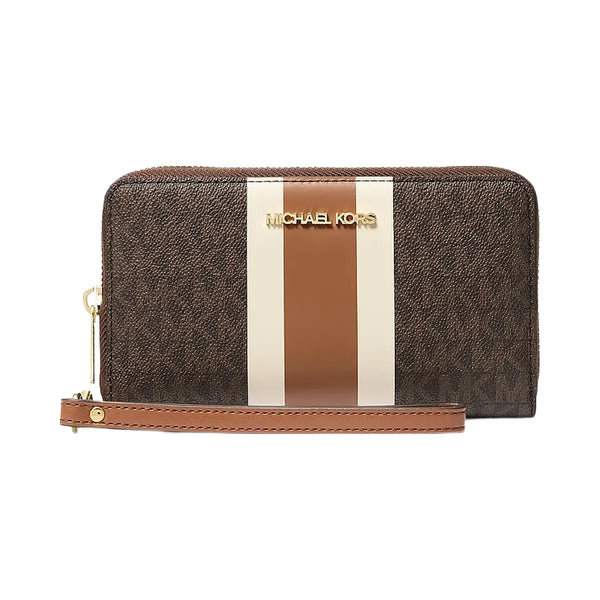Michael Kors Jet Set Travel Large Striped Signature Logo Smartphone Wallet Brown Multi