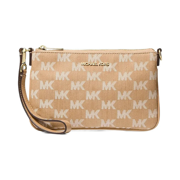 Michael Kors Jet Set Travel Small Logo Jacquard Denim Wristlet Camel