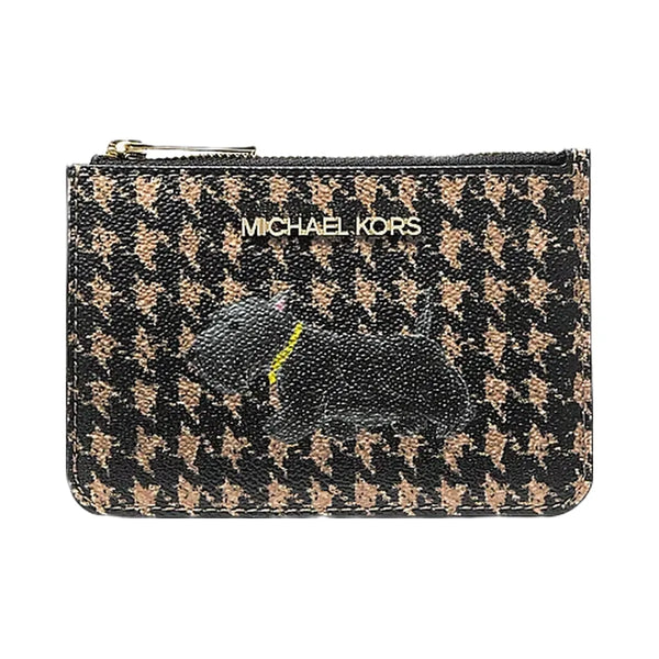 Michael Kors Jet Set Travel Small Printed Houndstooth Print Coin Pouch Black/Camel