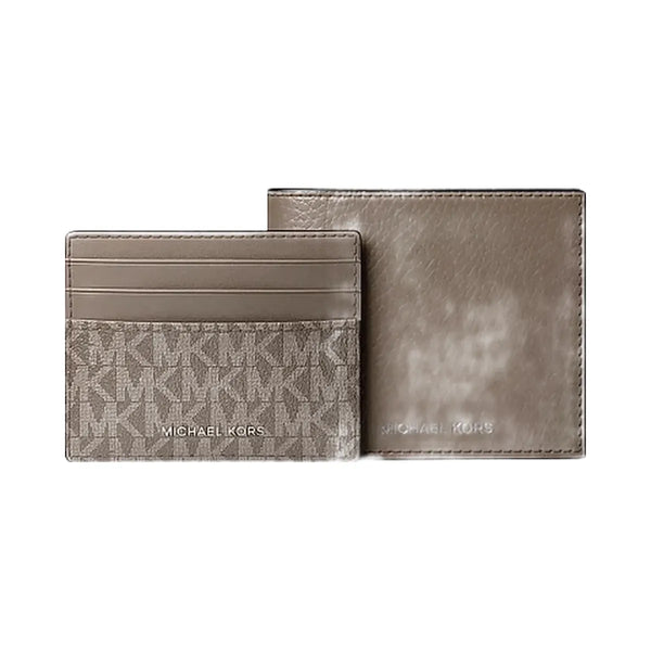 Michael Kors Pebbled Leather Billfold Wallet and Signature Logo Card Case Gift Set Mushroom