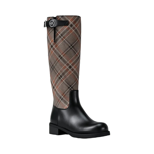 Michael Kors Royce Plaid Print Wool Blend Riding Boot Mushroom Mlti