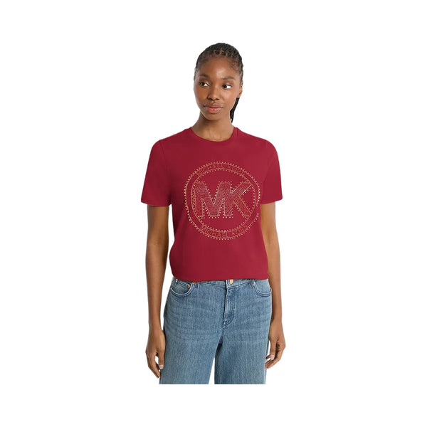 Michael Kors Studded Logo Charm Organic Cotton Jersey T-Shirt Maroon