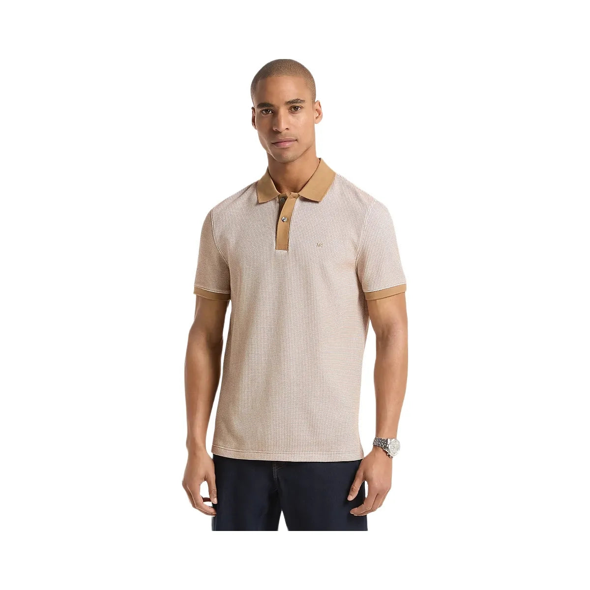 Michael Kors Waffle Stretch Cotton Polo Shirt Dark Camel