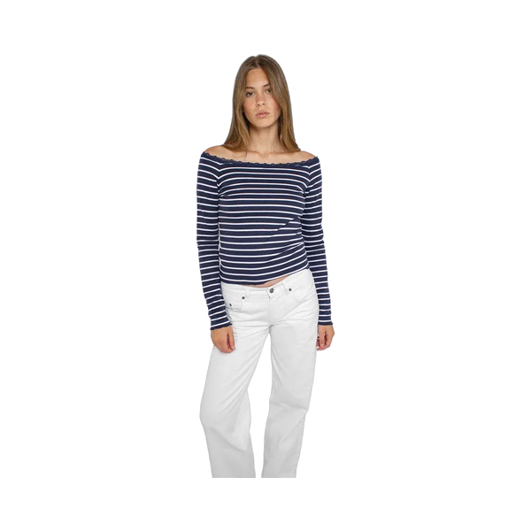 Subdued Boat Neck T-Shirt With Lace 'Blue White'