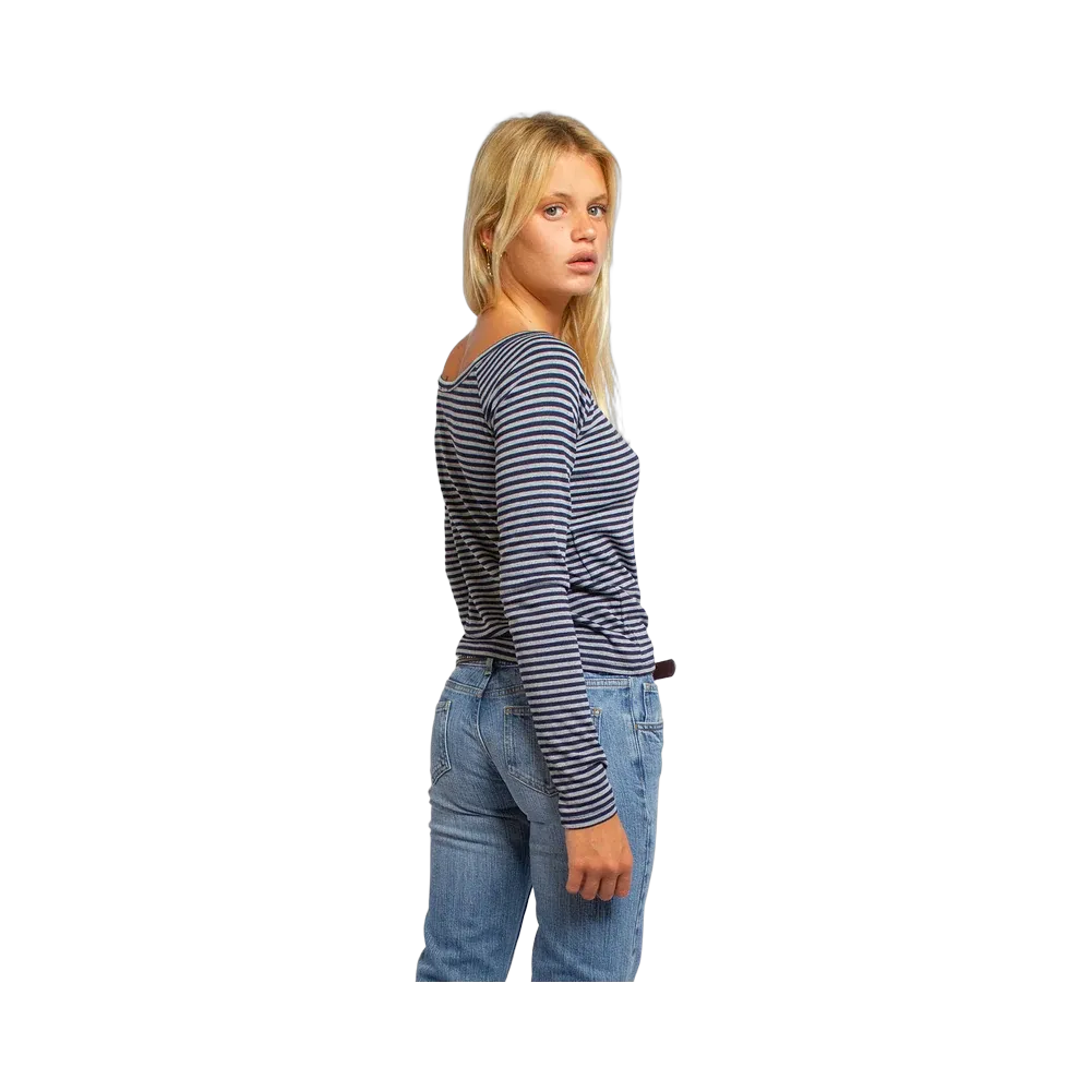 Subdued Boat Neck T-Shirt With Small Buttons 'Stripe Blue Grey'