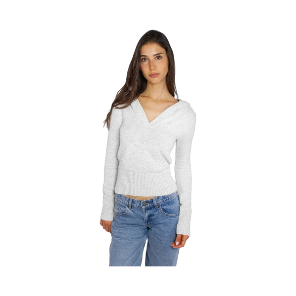Subdued Hooded V-Neck Sweater 'Pearl Grey Melange'