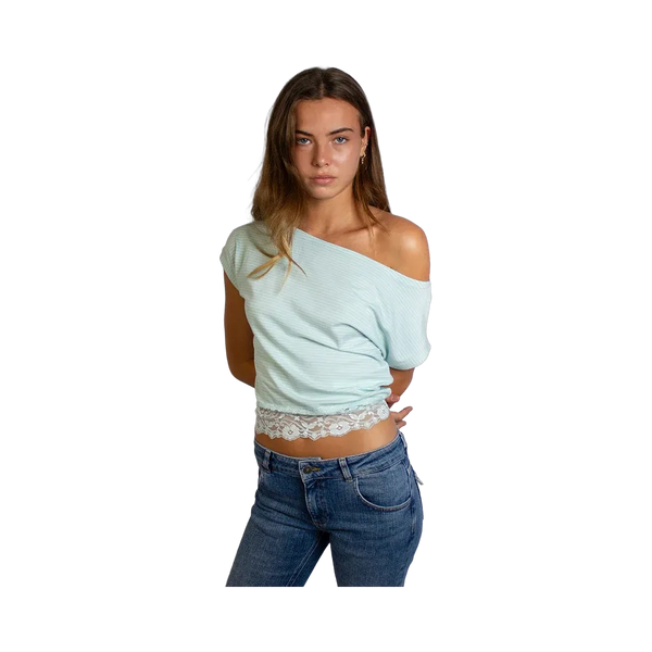 Subdued Lace Boat-Neck T-Shirt 'Stripe Grey Mauritius Green'