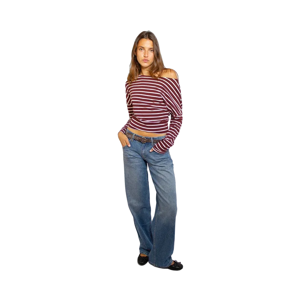 Subdued Off-Shoulder Long Sleeve Top 'Stripe Stone Red Off White'