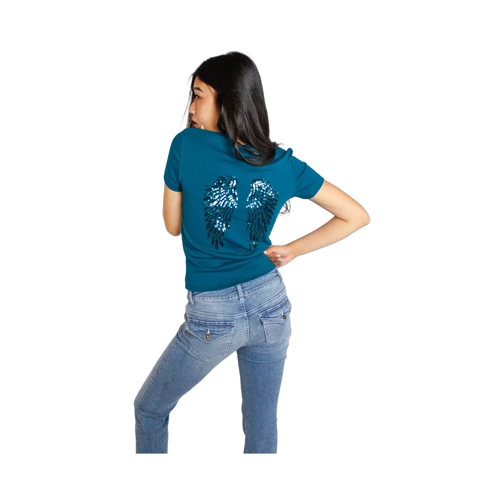 Subdued Sequin Wings T-Shirt 'Petrol Blue'