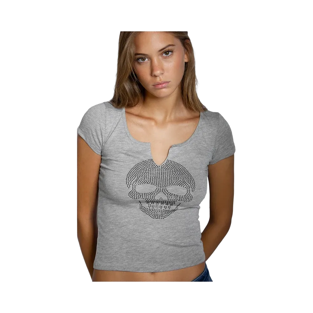 Subdued Skull Rhinestone T-Shirt 'Light Grey'
