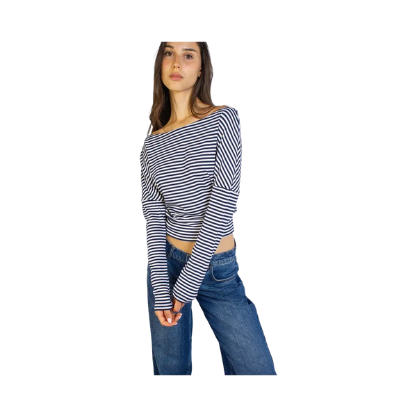 Subdued T-Shirt With A Boat Neck 'Stripe Cream Blue'