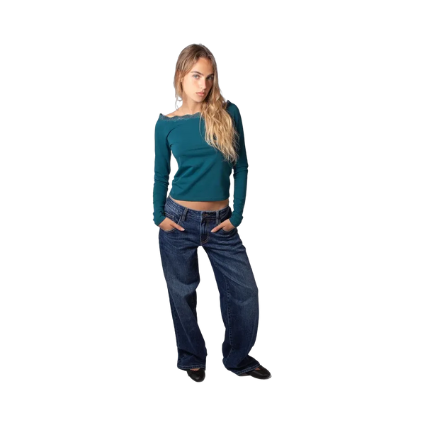 Subdued T-Shirt With A Boat Neckline And Lace 'Petrol Blue'