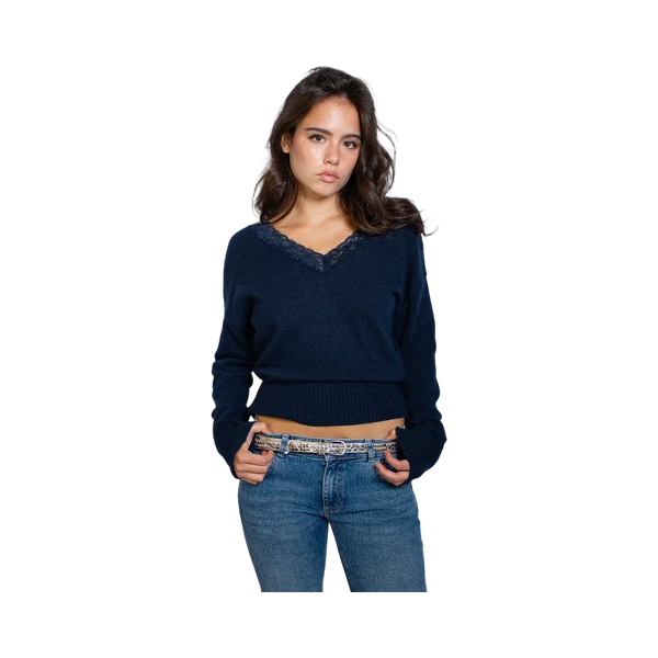 Subdued V-Neck Sweater With Lace Trim 'Blue'
