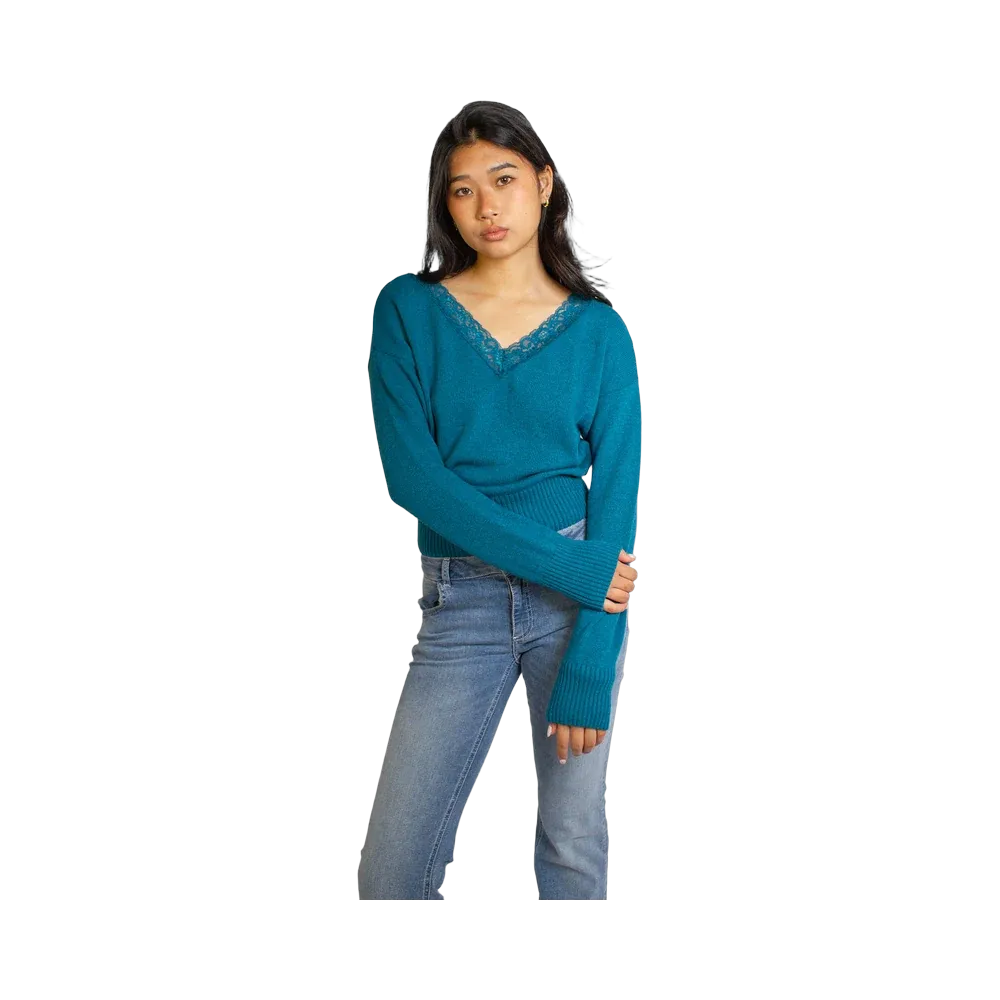 Subdued V-Neck Sweater With Lace Trim 'Emerald Blue'
