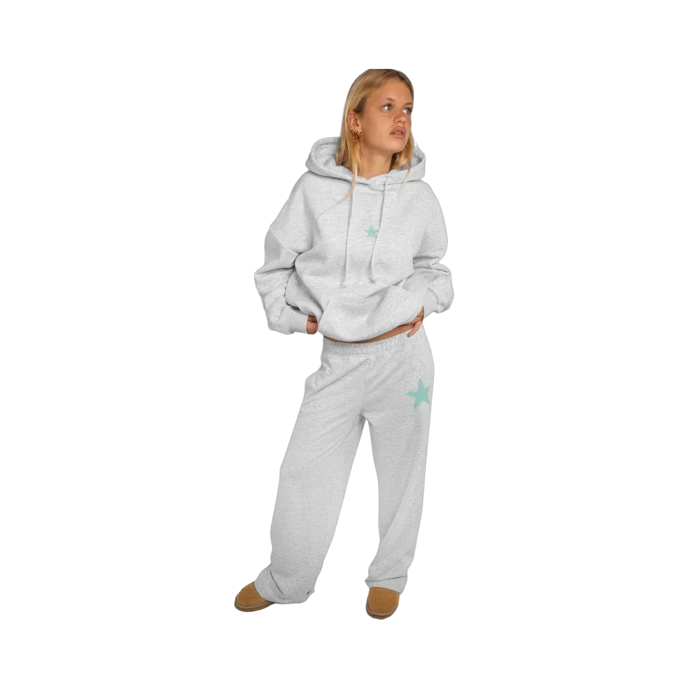 Subdued Wide-Leg Joggers With Star Patch 'Grey Aquamarine'