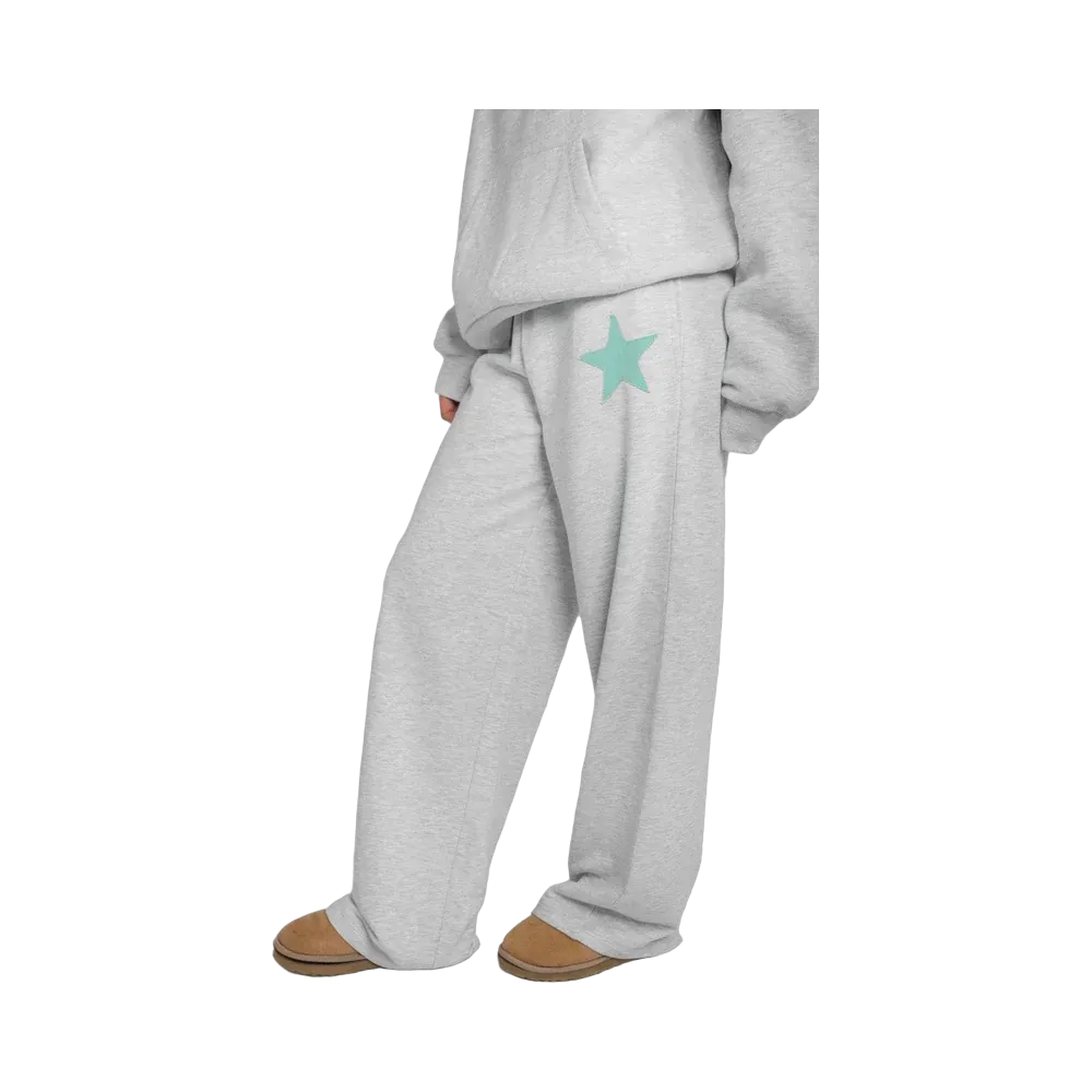 Subdued Wide-Leg Joggers With Star Patch 'Grey Aquamarine'