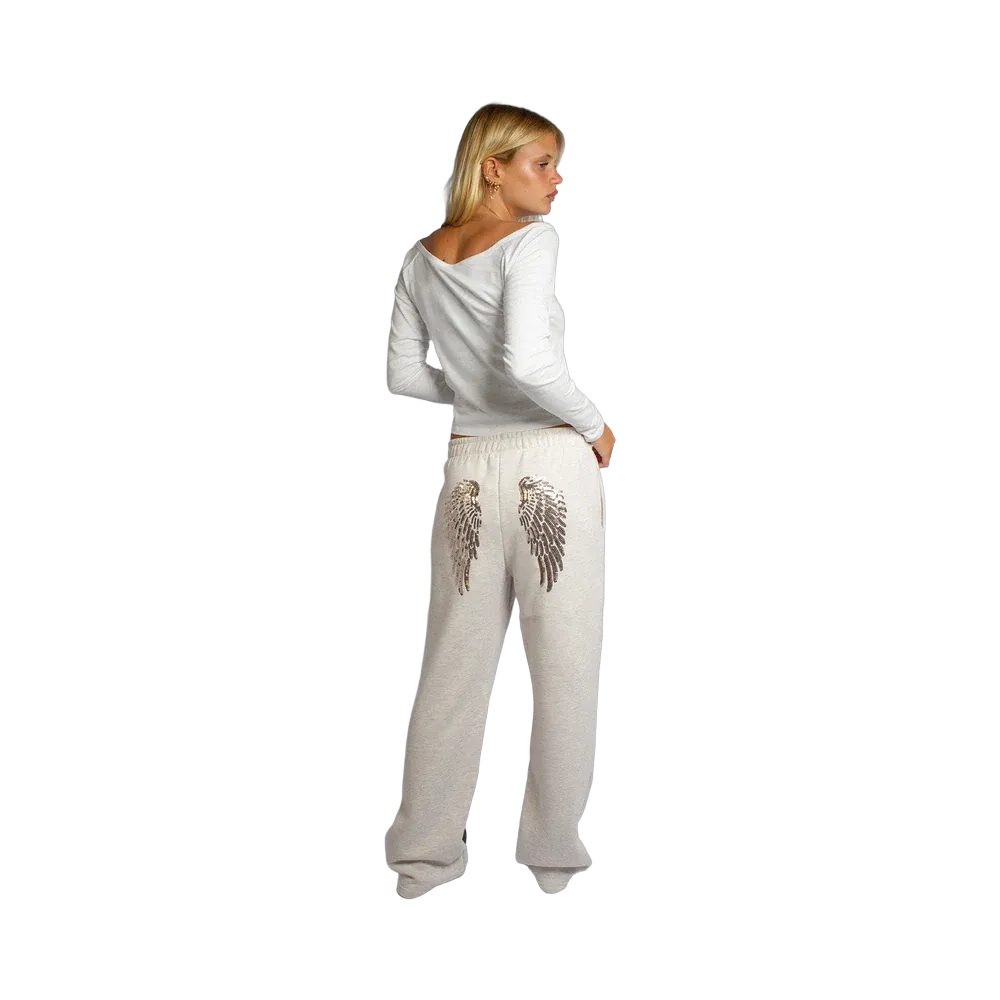 Subdued Wide-Leg Pants With Sequined Wings 'Cream'