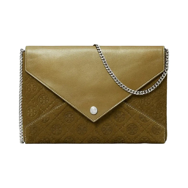 Tory Burch T Monogram Suede Envelope Chain Pouch Deep Olive